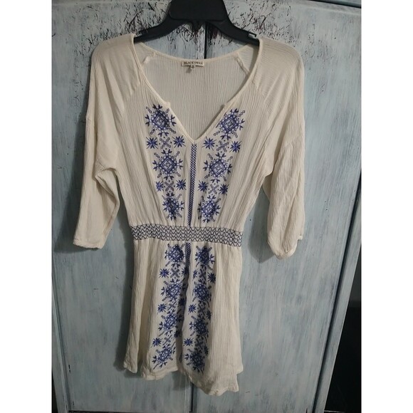 Black Swan Embroidered V-neck Summer Mini Dress Medium Cream Y2K Boho Cottage... - Picture 2 of 10